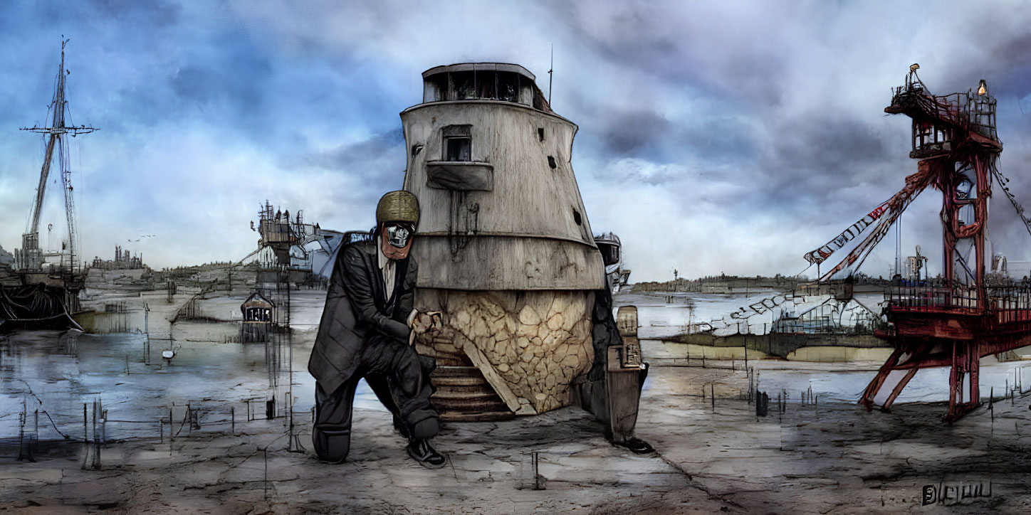 Digital artwork of man in military helmet crouching behind damaged pillbox.