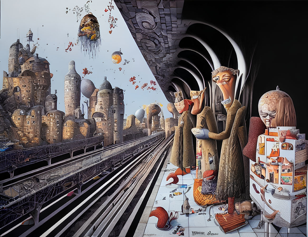 Surreal Train Station Art: Grotesque Figures & Chaotic Atmosphere