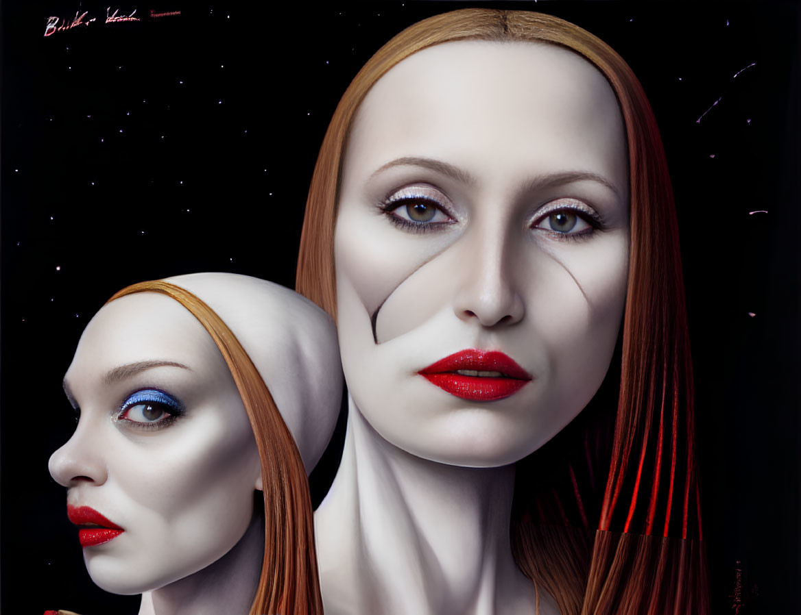 Hyperrealistic Painting: Woman with Two Profiles, Contrasting Makeup, Expressions, Starry Background
