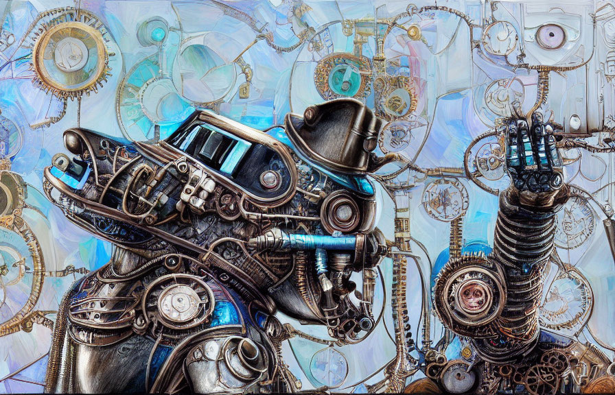 Detailed Steampunk Artwork of Mechanical Entity with Gears and Top Hat