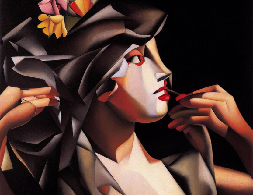 Geometric woman portrait with hat and red lipstick on dark background