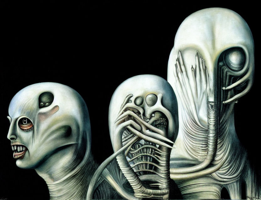 Dark surreal artwork: Three grotesque figures with elongated, distorted features.