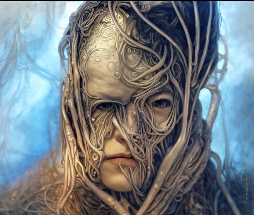 Ornate metallic mask on humanoid figure against blue backdrop