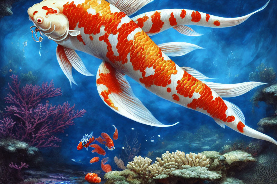 Colorful Orange and White Koi Fish in Underwater Coral Scene