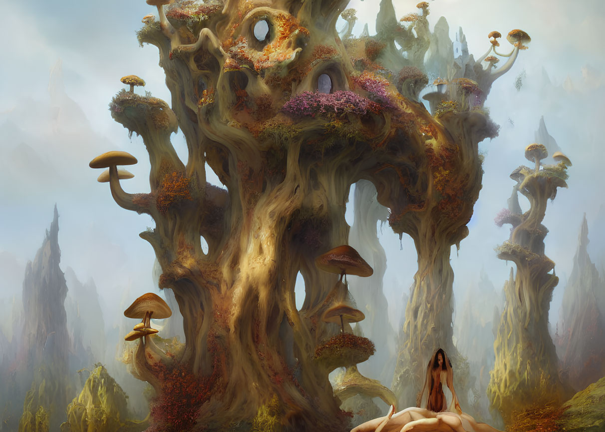 Fantastical landscape with giant tree, humanoid figure, and misty mountains