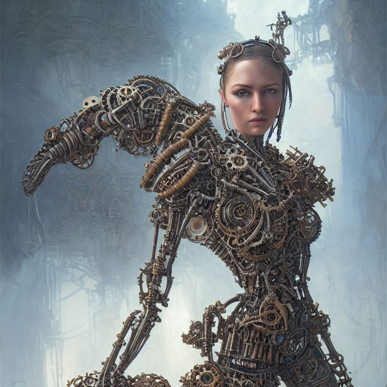 Steampunk cyborg digital artwork of woman with mechanical body