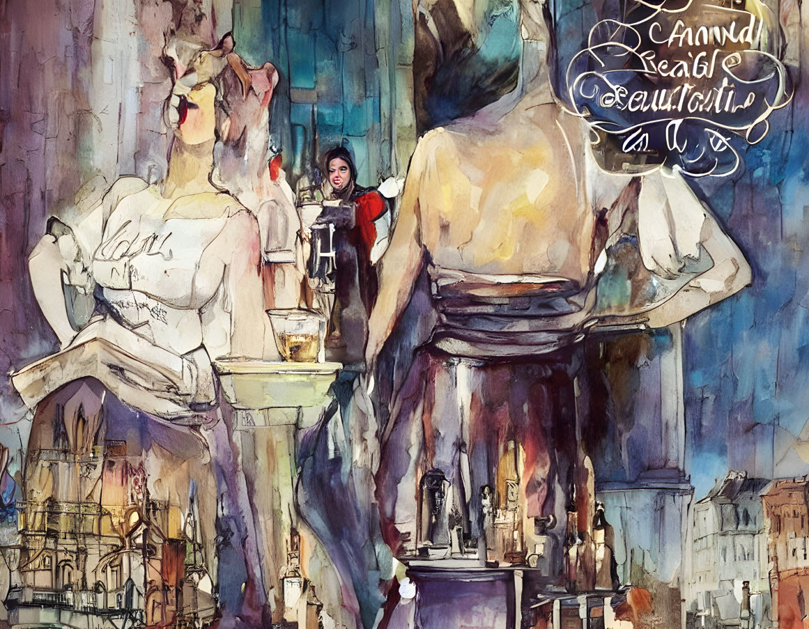 Vibrant watercolor painting of a café scene with statue, buildings, and figure holding tray