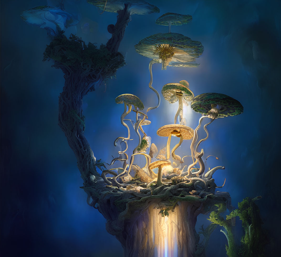 Fantastical landscape with towering mushroom-shaped structures in ethereal blue mist