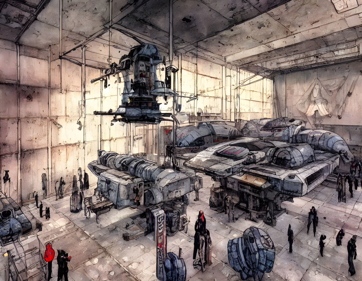 Sci-fi hangar with spacecraft, robot, people, industrial equipment.