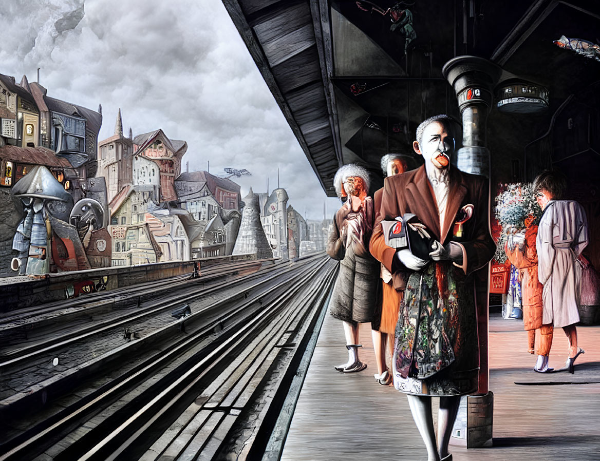 Surreal artwork: People with oversized animal heads at stylized train station