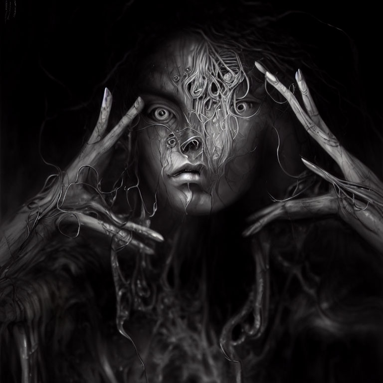 Monochrome Artistic Depiction of Mysterious Figure with Intricate Face Markings