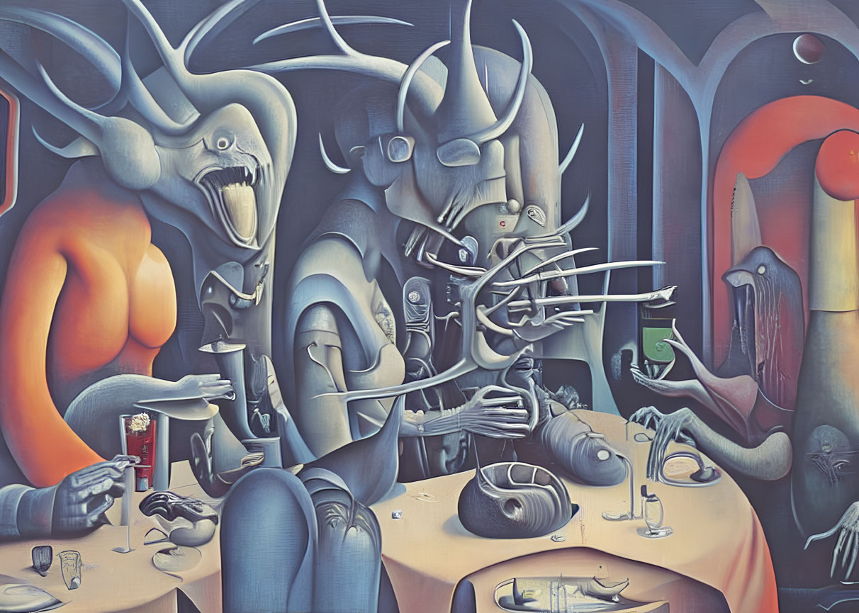 Anthropomorphic creatures in surreal, dark dinner party setting