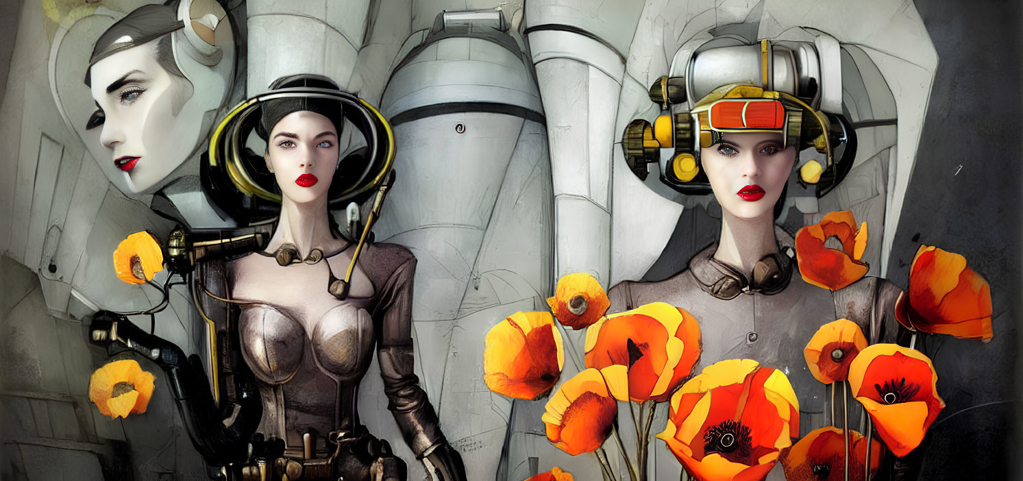 Stylized female figures with futuristic headgear among vibrant poppies.