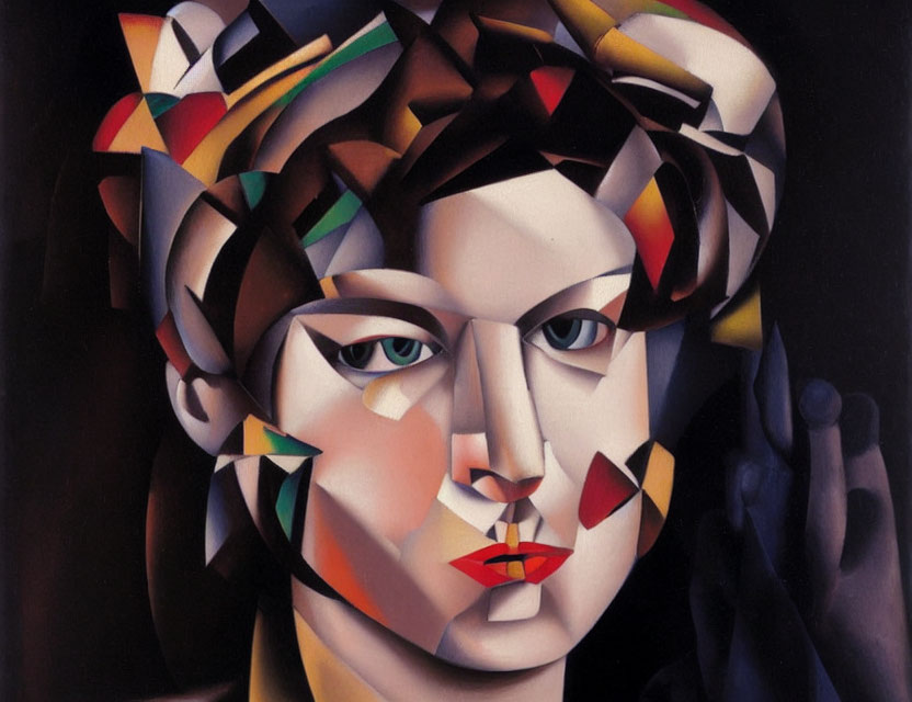 Cubist-style painting of woman's face with fragmented geometric shapes