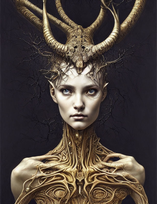 Surreal portrait: person with golden antlers, armor-like neckpiece, blue eyes, dark