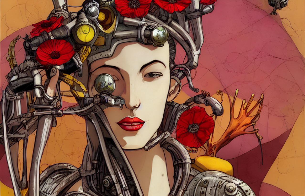 Female cyborg illustration with intricate mechanical headdress and red poppies, serene expression.