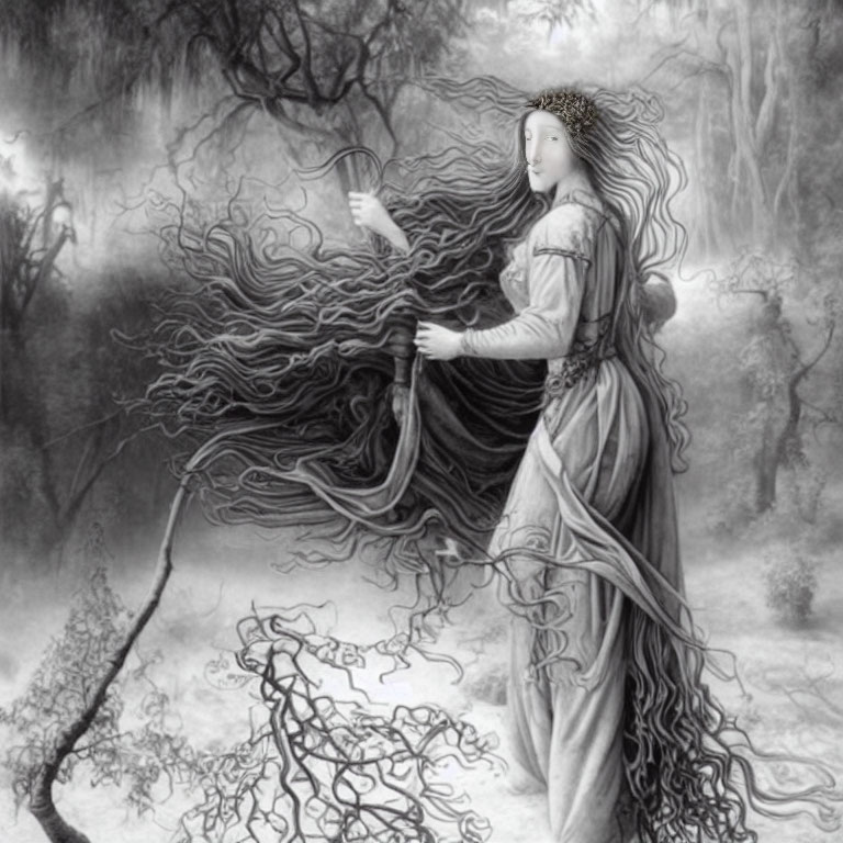 Monochrome image of woman with flowing hair holding comb in mystical forest