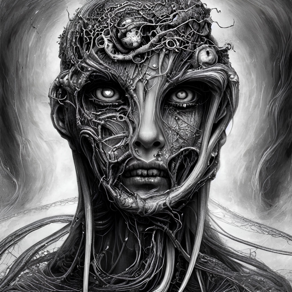 Monochromatic surreal artwork: humanoid face with intricate root-like textures.