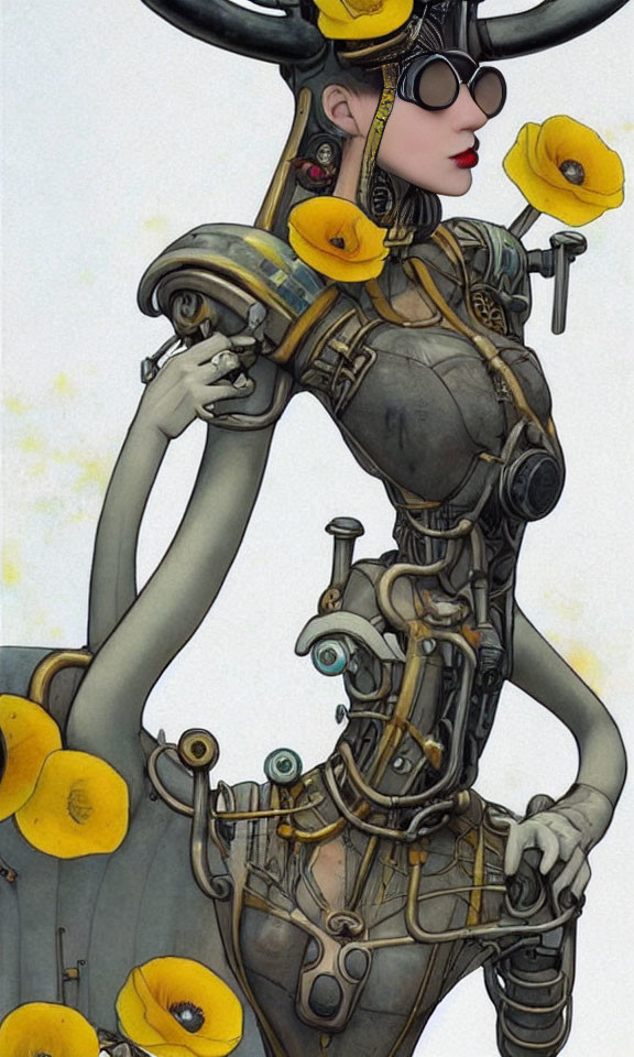 Female robot illustration with yellow accents and sunglasses, featuring mechanical details and abstract shapes.