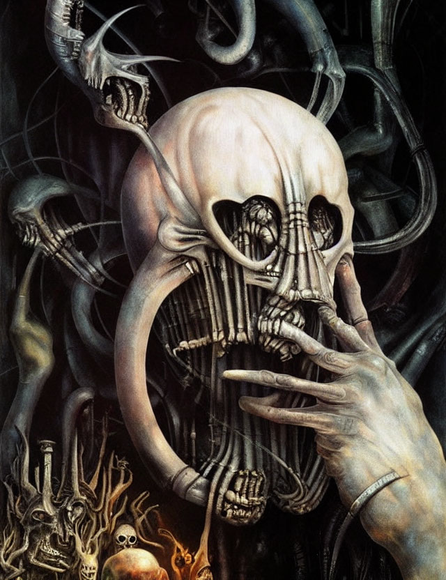 Detailed surreal skull art with biomechanical elements and abstract shapes.