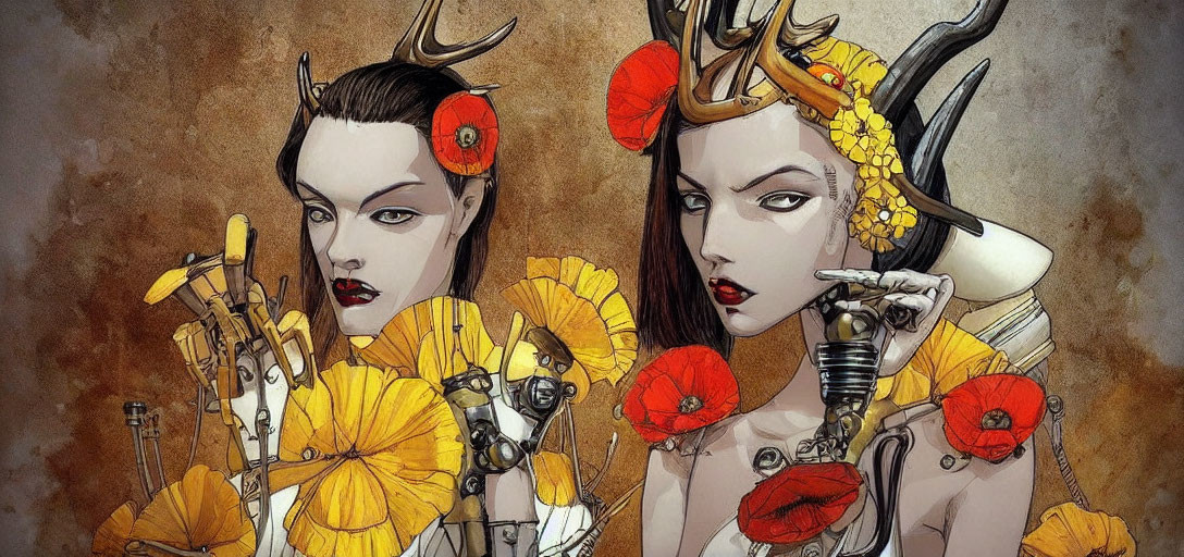 Illustrated female figures with mechanical arms and horns in sepia-toned style