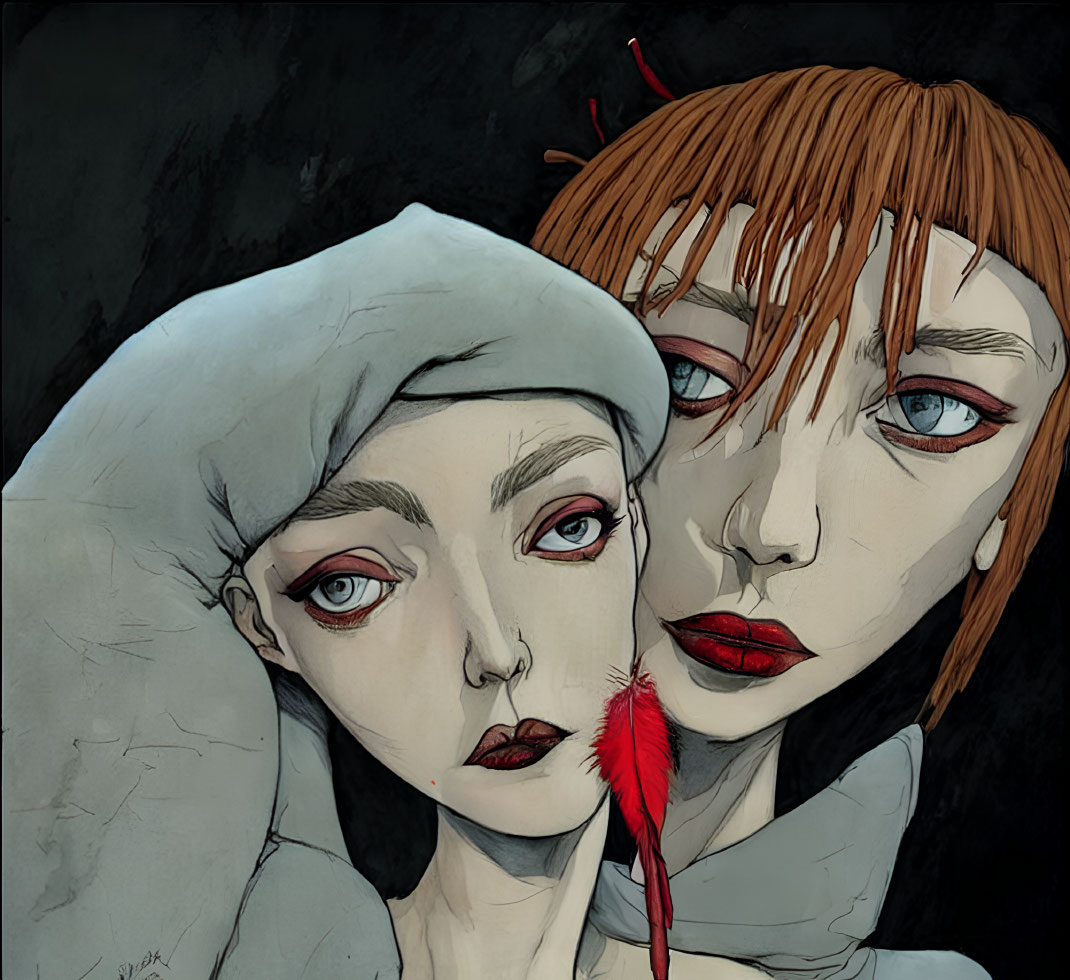 Stylized female figures with red lips and eyes on dark background.