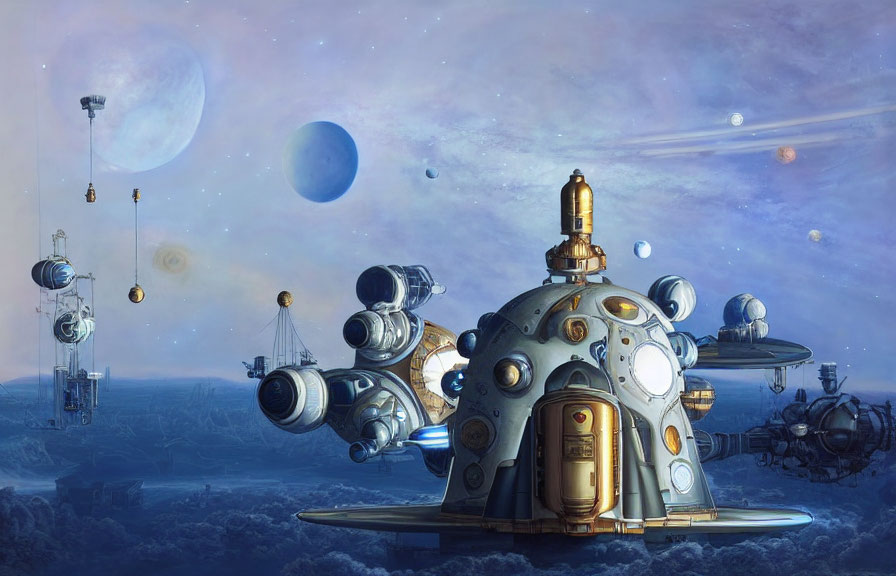 Futuristic space observatory on alien landscape with domes and moons