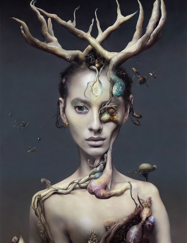 Surreal portrait featuring person with antlers, third eye, and nature elements