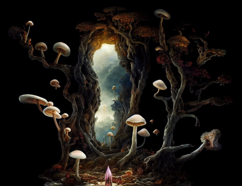 Mystical forest with oversized mushrooms and twisted trees