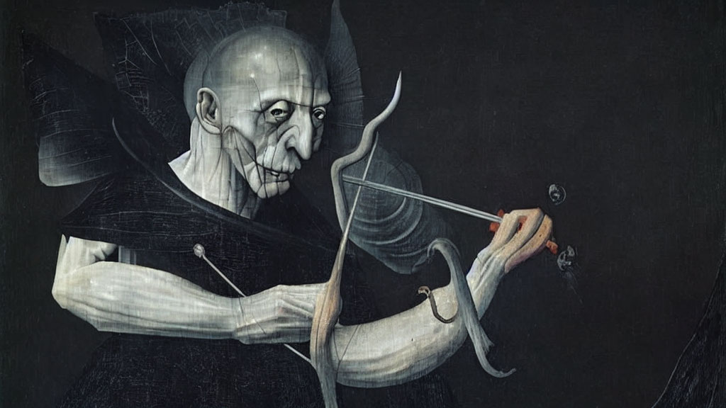 Eerie painting of gaunt figure playing string instrument