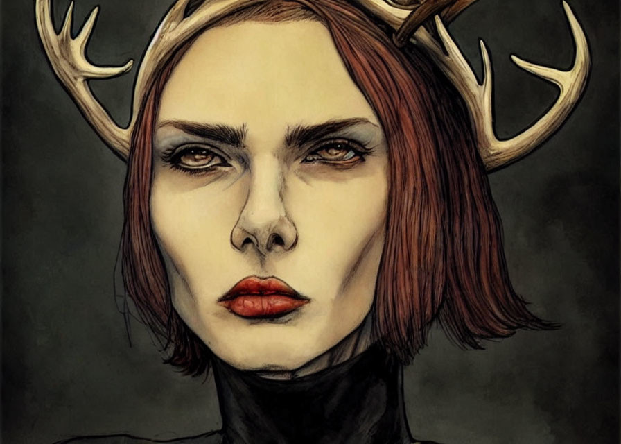 Digital artwork of a woman with antlers, dark eyes, red lips, and sharp gaze in semi