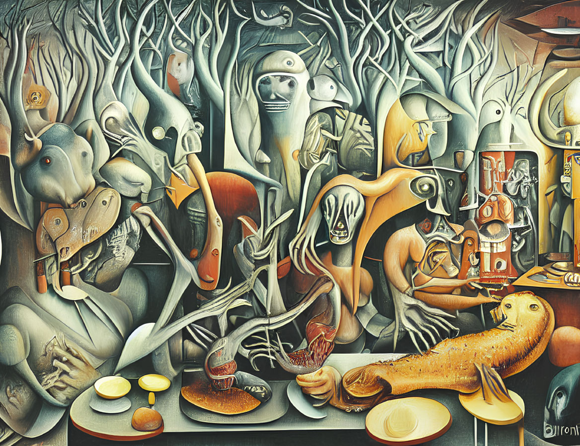 Surreal painting of anthropomorphic creatures in dreamlike forest