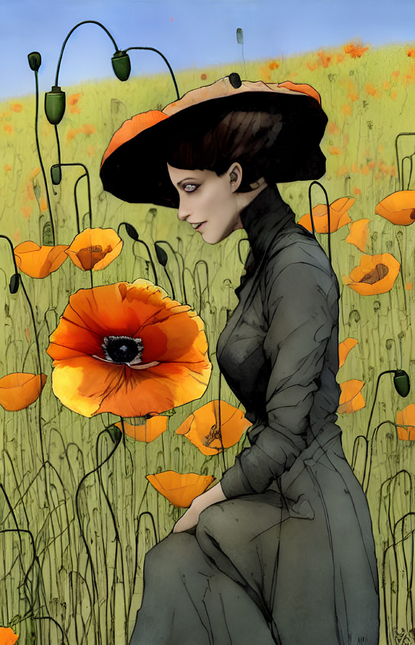 Stylized illustration of woman in wide-brimmed hat among orange poppies
