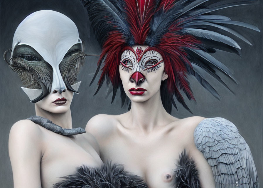 Two people in artistic masks and dramatic makeup: one with swan-like features, the other with a