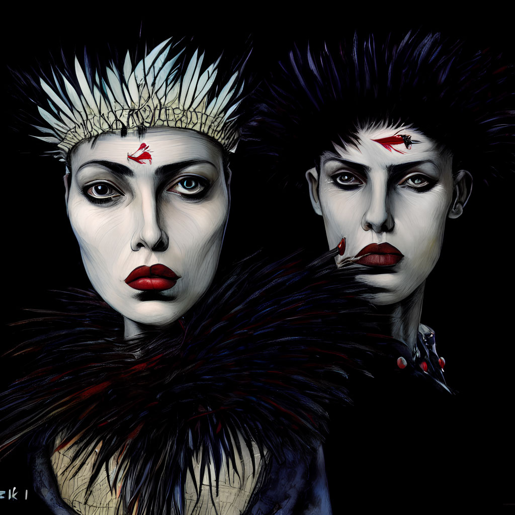 Stylized characters with spiky crowns and black feathered outfits.