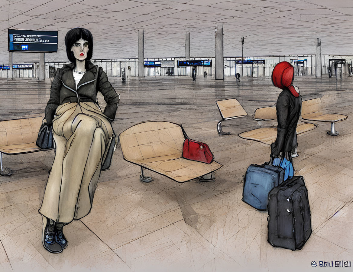 Stylized characters in modern airport terminal, one seated with red bag, other standing with luggage,