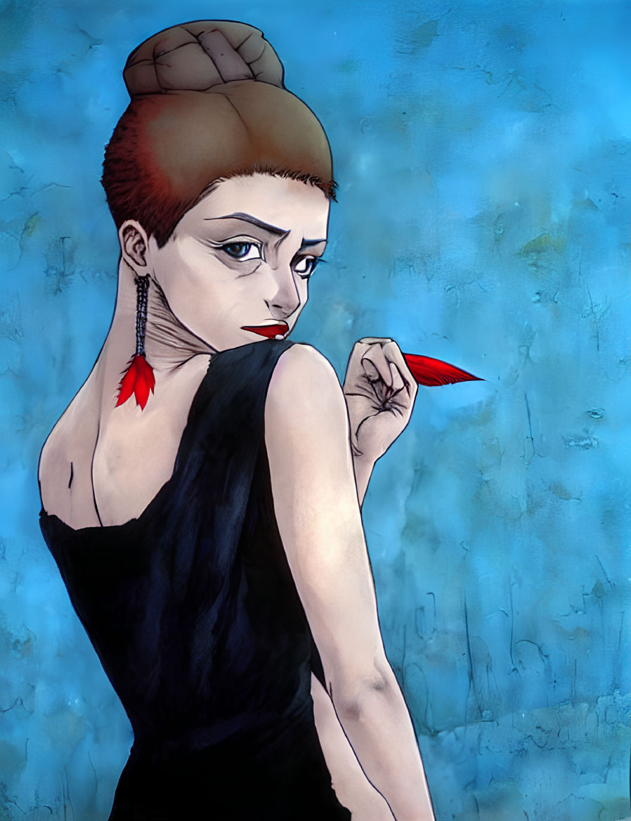 Illustration of woman with bun, red earrings, black dress, holding feather, in contemplative pose