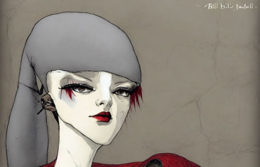 Illustrated female figure with red eyeshadow and dark lips in gray cap with text overlay.