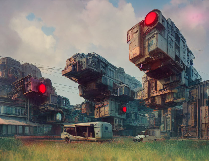 Dystopian scene: Stacked houses on giant legs, overgrown field with bus and car