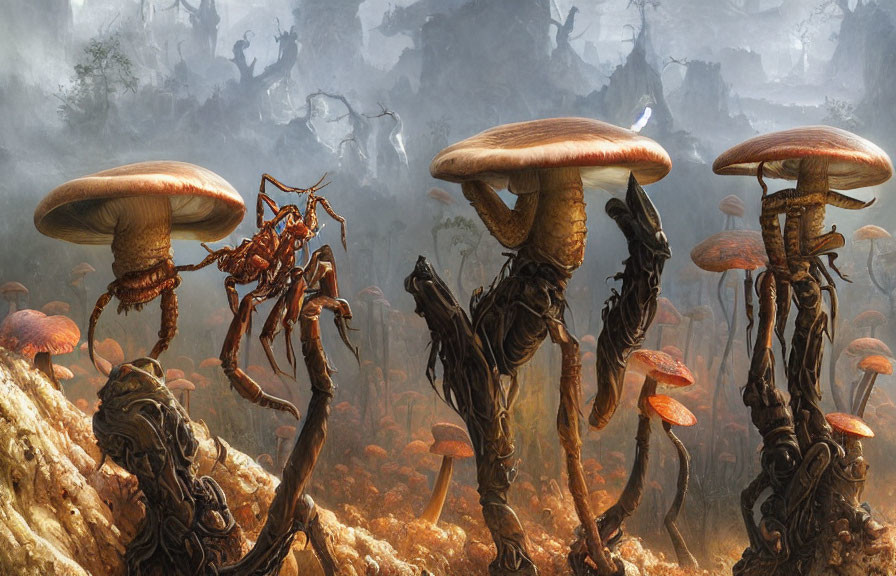 Fantastical forest with oversized mushrooms and ant-like creature in foggy setting