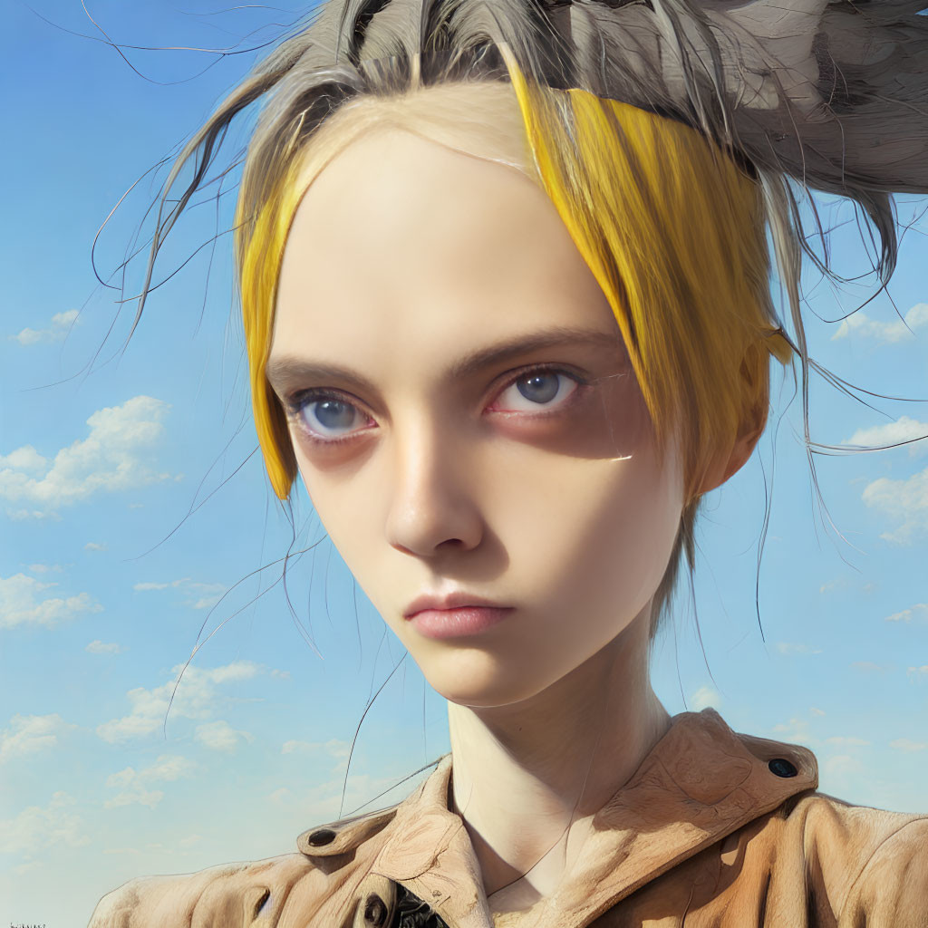 Digital portrait of person with blue eyes, black and yellow hair, brown jacket, under blue sky.