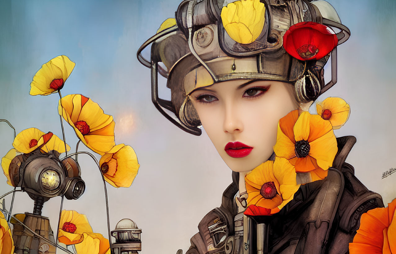 Futuristic woman in pilot helmet with poppies and stylized robotic figure on soft blue backdrop