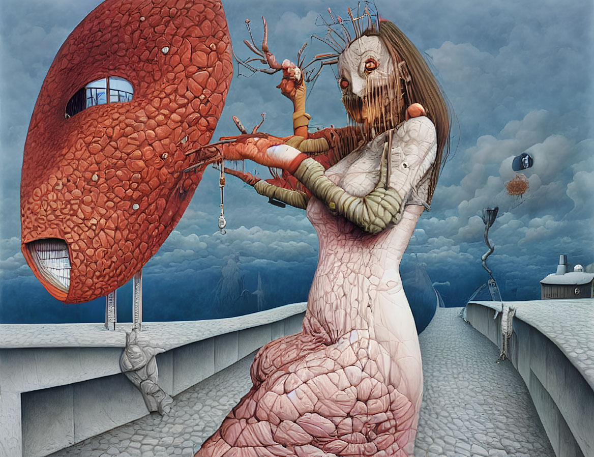 Surrealistic Artwork: Woman Playing Violin with Monstrous Face and Floating Mask near