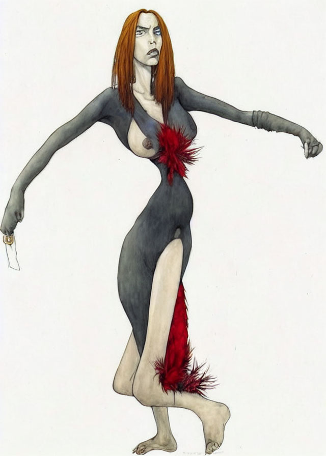 Stylized female figure with red hair holding a knife