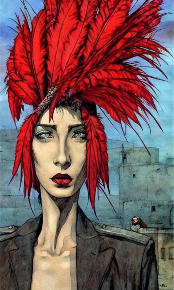 Illustrated Figure with Red Feathers, Piercing Eyes, Leather Jacket in Urban Setting