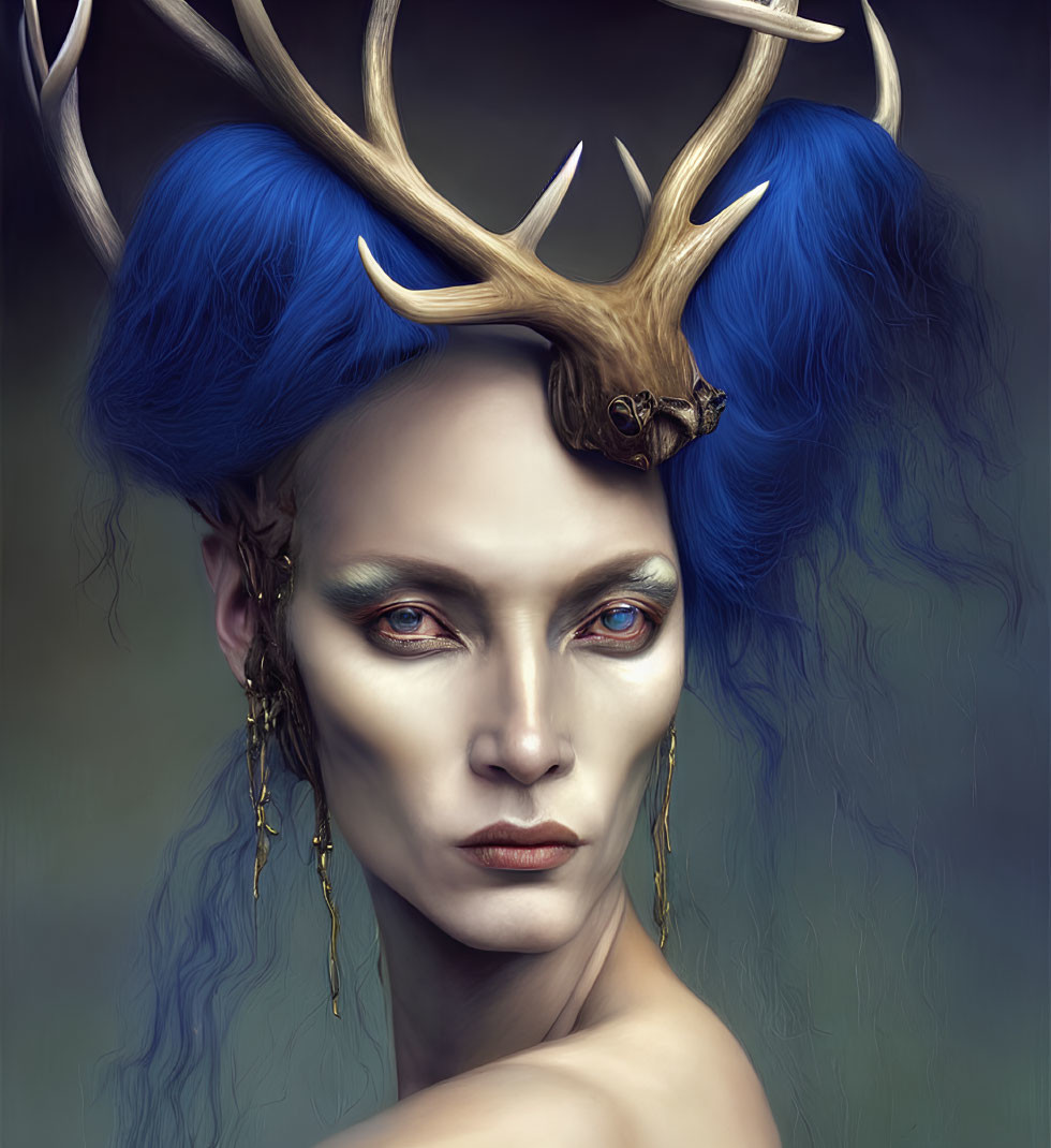 Blue-haired person with antlers and dramatic makeup in mystical setting