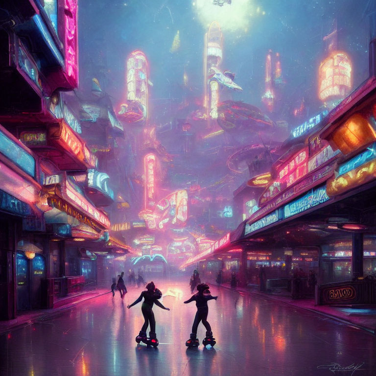 Futuristic neon-lit cityscape with skyscrapers and skateboarders at dusk