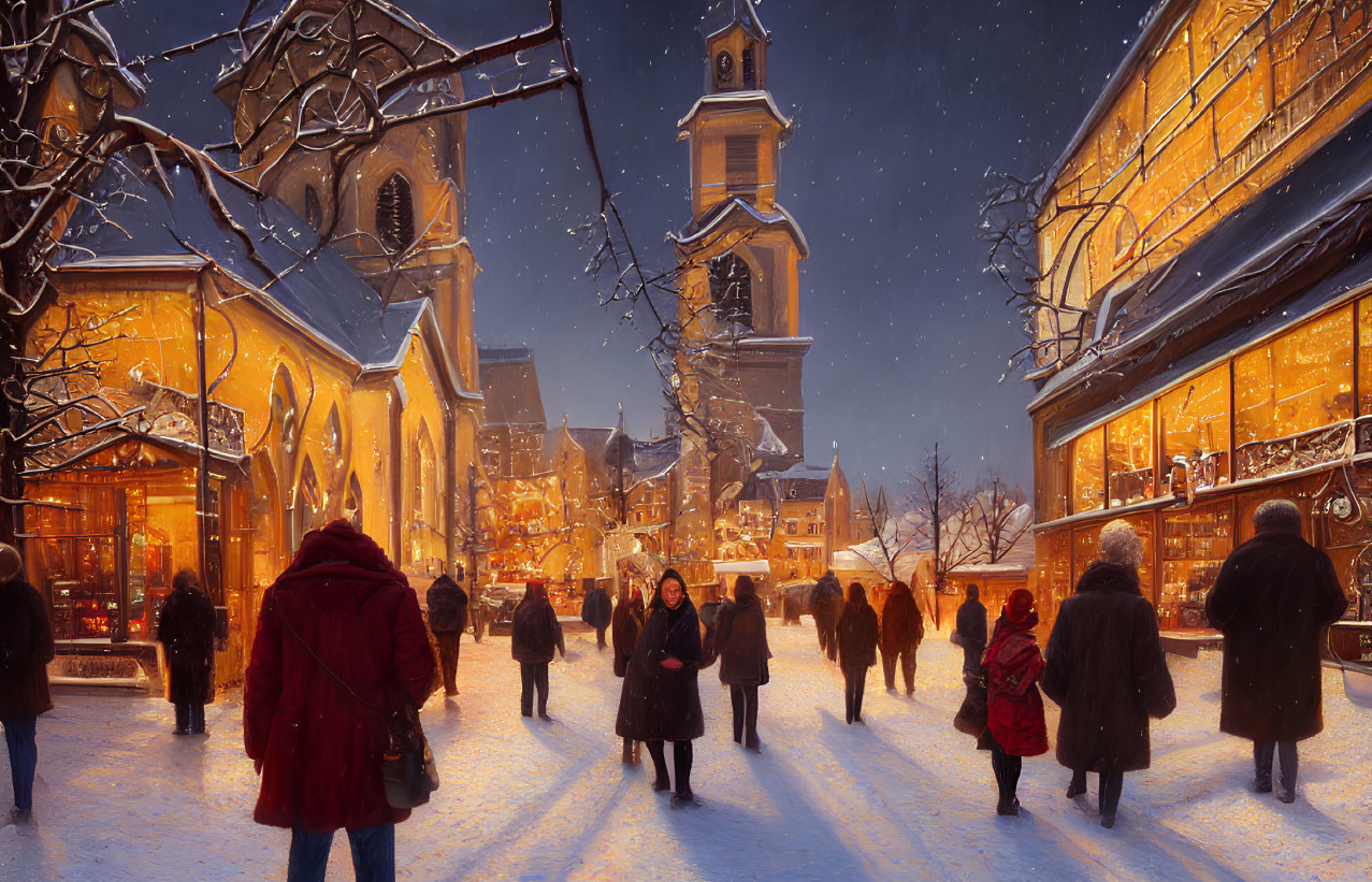 Snowy winter evening street scene with people and church under warm lights