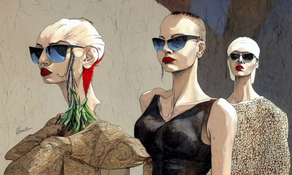 Three stylized women with sunglasses and distinct fashion styles.