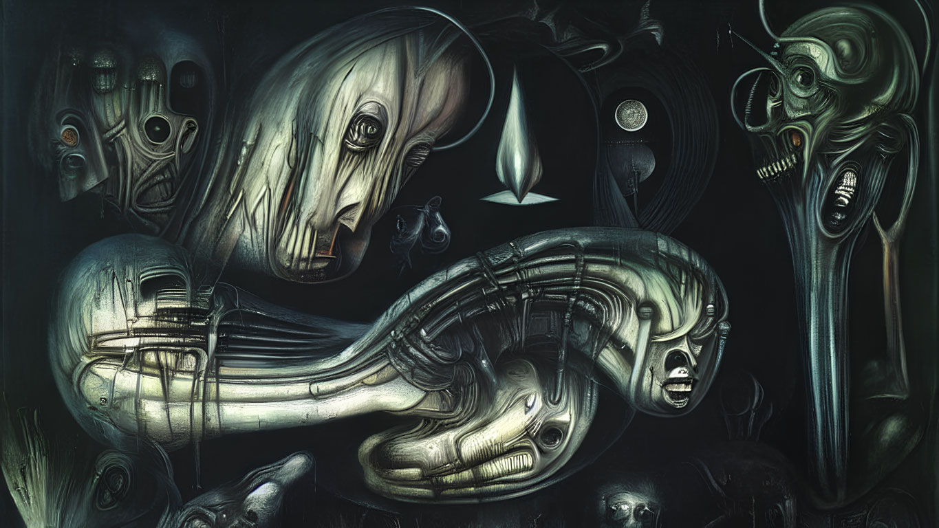 Surrealist painting with biomechanical figures and dark hues